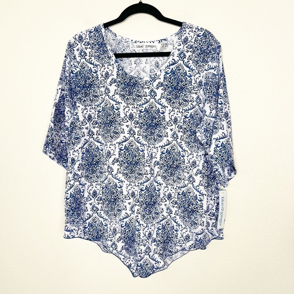 Blue Ginger Hawaii Medium Blue White Print Flourish Rayon Tunic Blouse Beachy